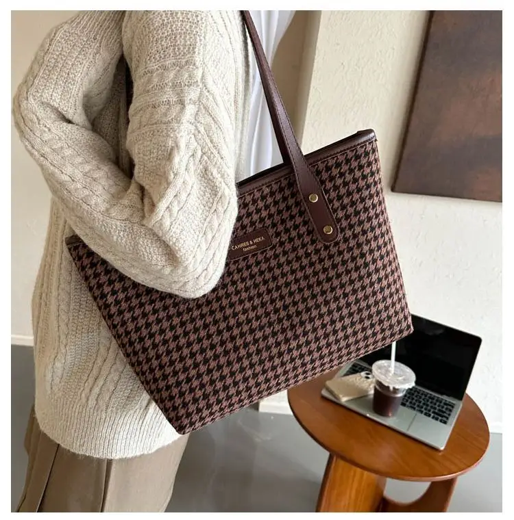 Houndstooth Shoulder Bag Women Large Capacity Leather Textured — feature 18