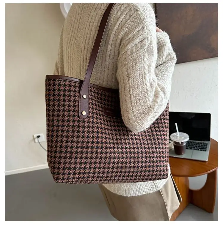 Houndstooth Shoulder Bag Women Large Capacity Leather Textured — feature 20