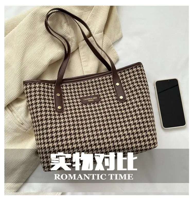 Houndstooth Shoulder Bag Women Large Capacity Leather Textured — feature 3