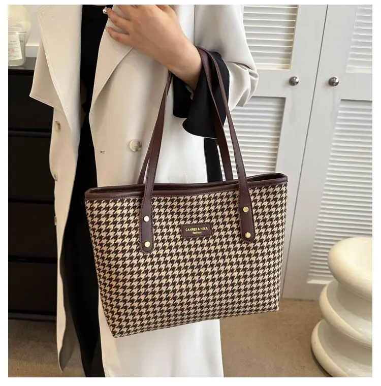 Houndstooth Shoulder Bag Women Large Capacity Leather Textured — feature 7