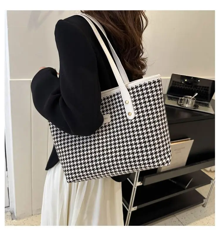 Houndstooth Shoulder Bag Women Large Capacity Leather Textured — feature 9