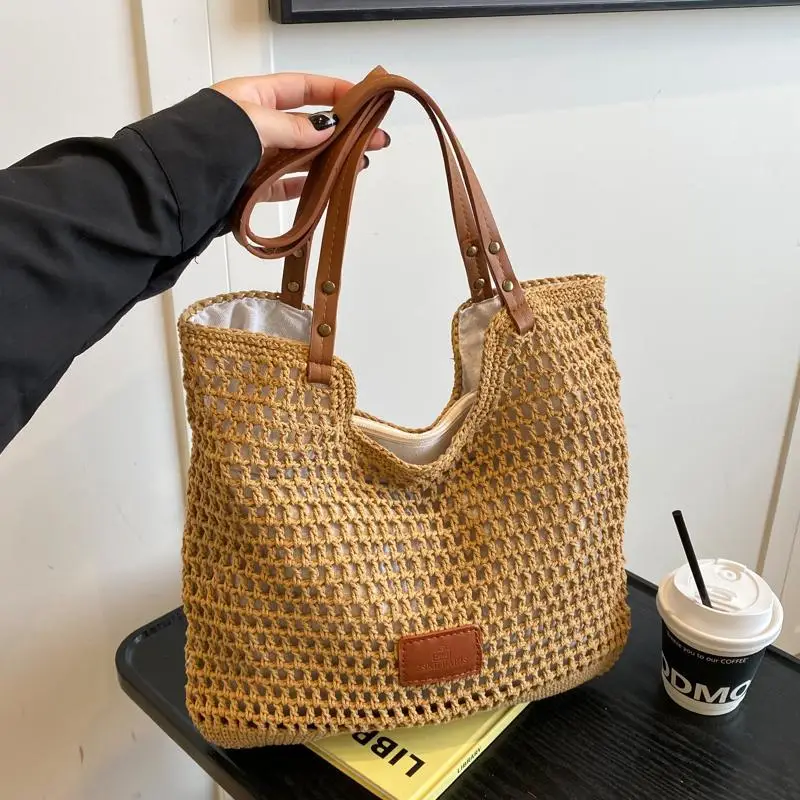 Women's Hand-Woven Beach Bag Large Capacity Brown