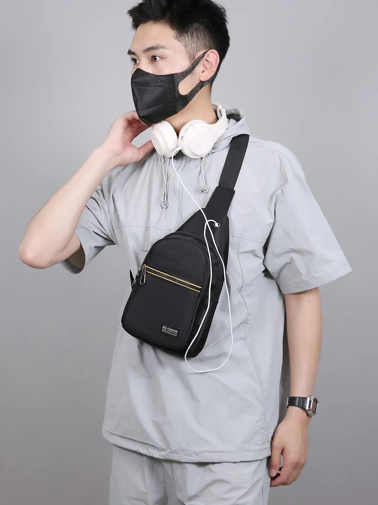 Men's Green Nylon Crossbody Bag Multi-Compartment Business Commute