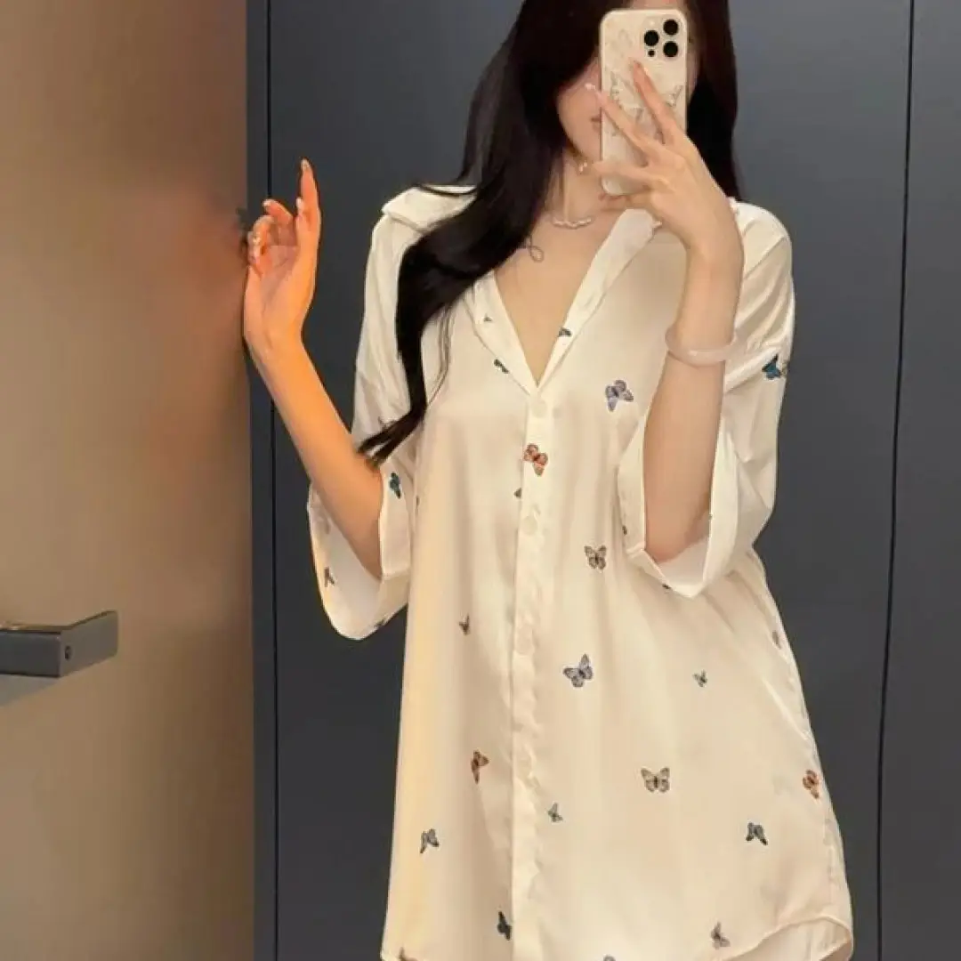 Manufacturer Wholesale [Butterfly Pearl] Classy Accessible Luxury Ice Silk Butterfly Shirt Dress Women's Summer New Home Wear Thin Style
