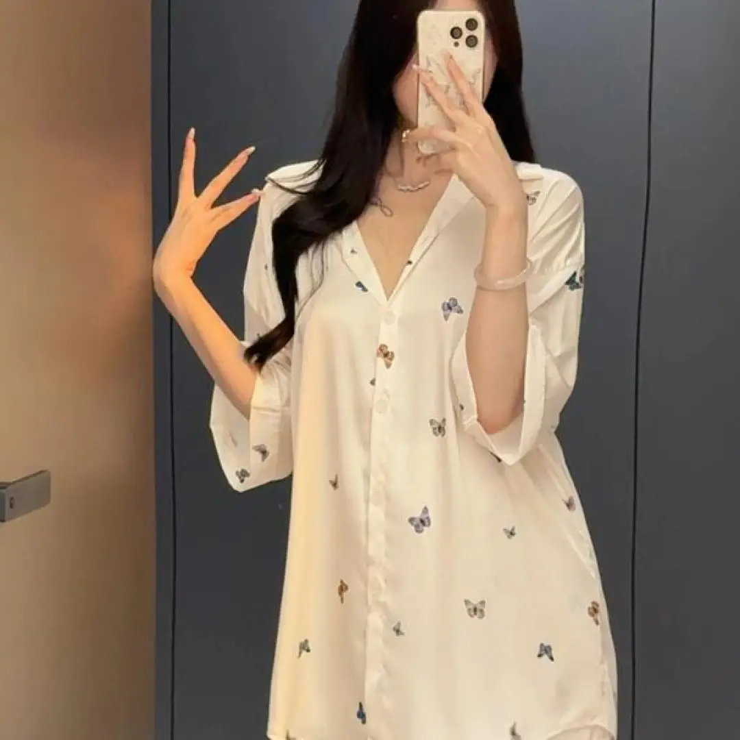 Manufacturer Wholesale [Butterfly Pearl] Classy Accessible Luxury Ice Silk Butterfly Shirt Dress Women's Summer New Home Wear Thin Style