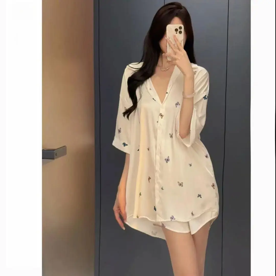 Manufacturer Wholesale [Butterfly Pearl] Classy Accessible Luxury Ice Silk Butterfly Shirt Dress Women's Summer New Home Wear Thin Style — feature 11