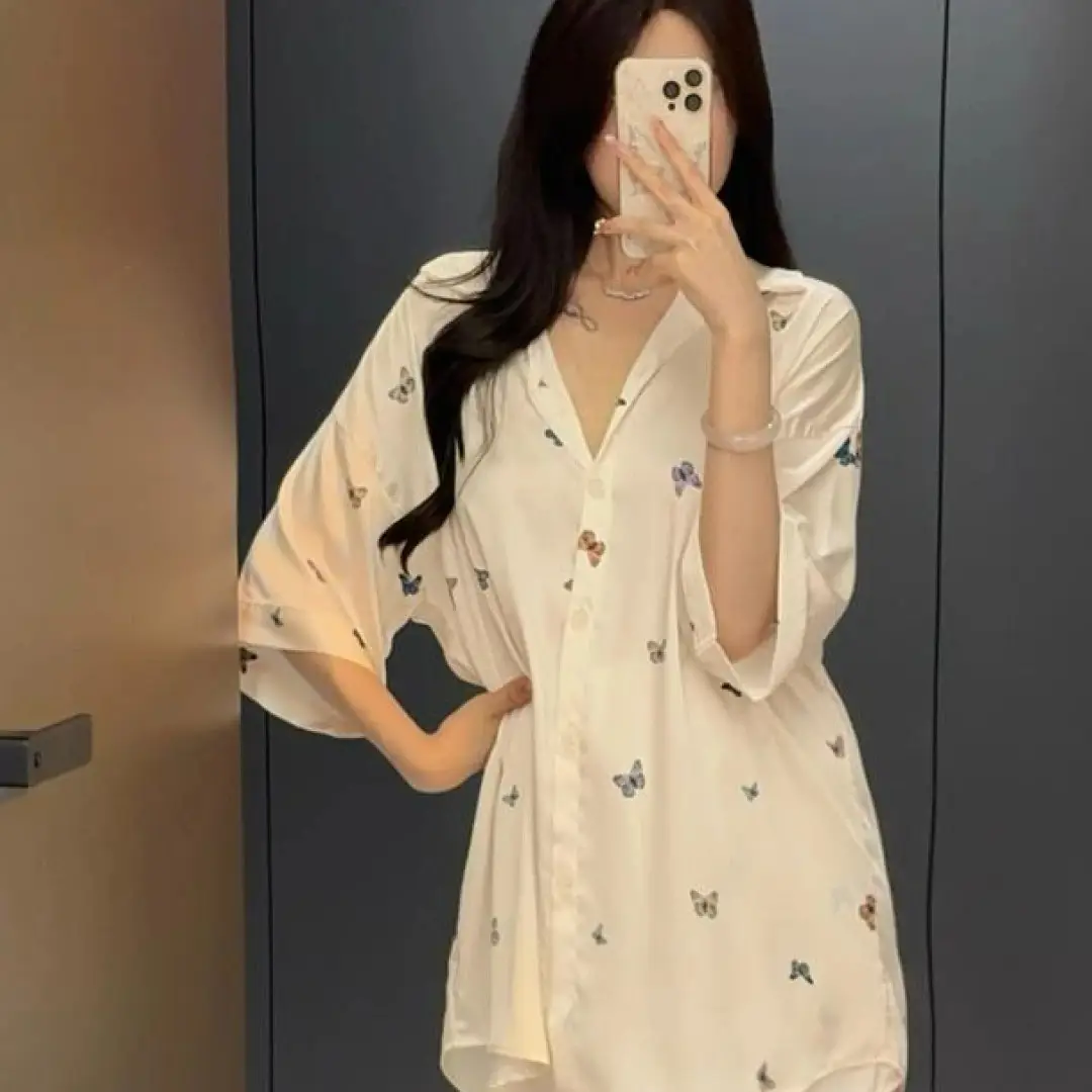 Manufacturer Wholesale [Butterfly Pearl] Classy Accessible Luxury Ice Silk Butterfly Shirt Dress Women's Summer New Home Wear Thin Style — feature 12