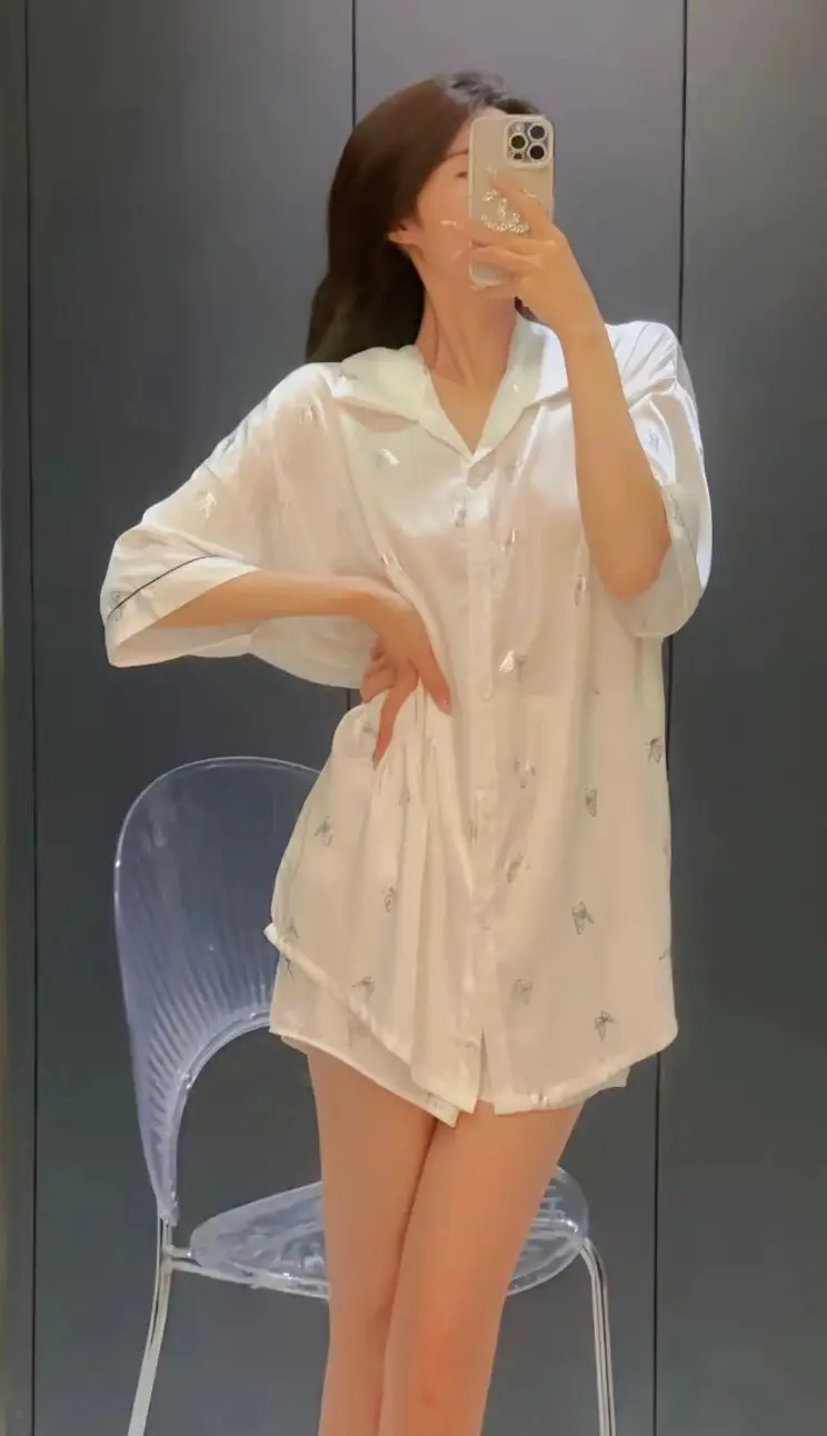 Manufacturer Wholesale [Butterfly Pearl] Classy Accessible Luxury Ice Silk Butterfly Shirt Dress Women's Summer New Home Wear Thin Style — feature 4
