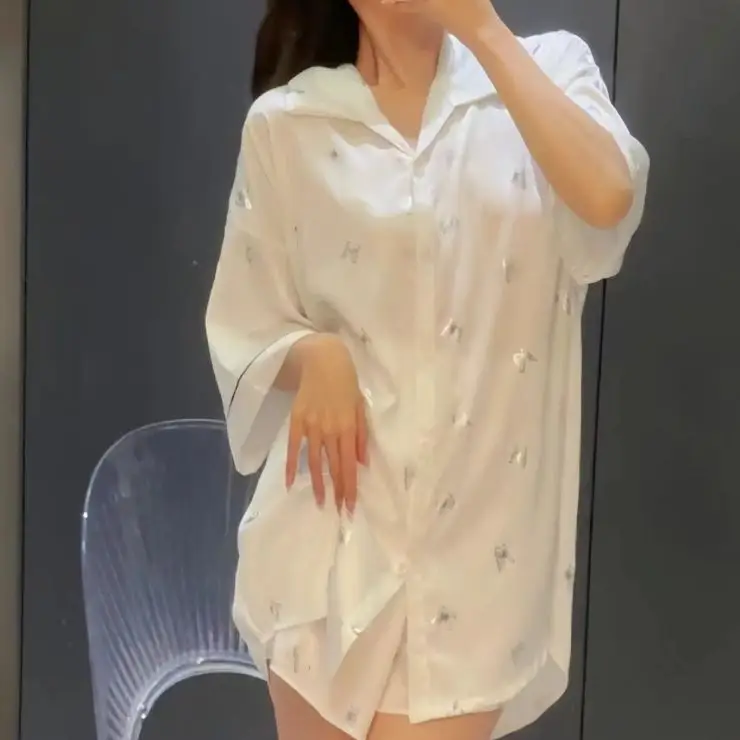 Manufacturer Wholesale [Butterfly Pearl] Classy Accessible Luxury Ice Silk Butterfly Shirt Dress Women's Summer New Home Wear Thin Style — feature 6