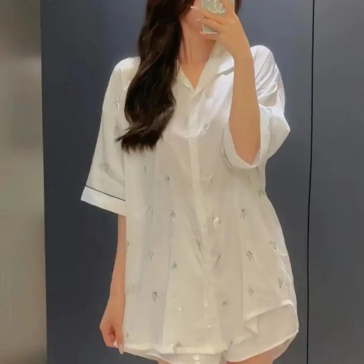 Manufacturer Wholesale [Butterfly Pearl] Classy Accessible Luxury Ice Silk Butterfly Shirt Dress Women's Summer New Home Wear Thin Style — feature 9