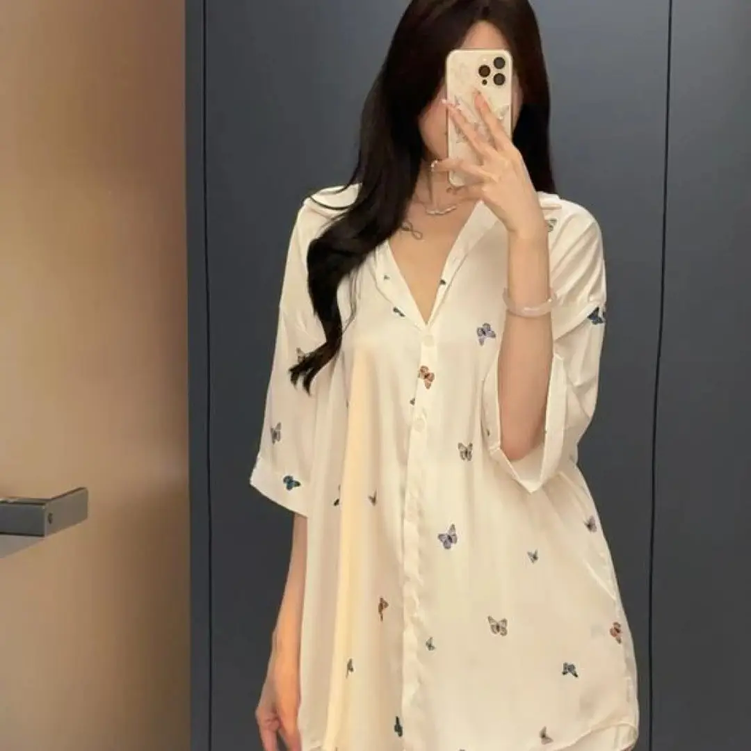 Manufacturer Wholesale [Butterfly Pearl] Classy Accessible Luxury Ice Silk Butterfly Shirt Dress Women's Summer New Home Wear Thin Style