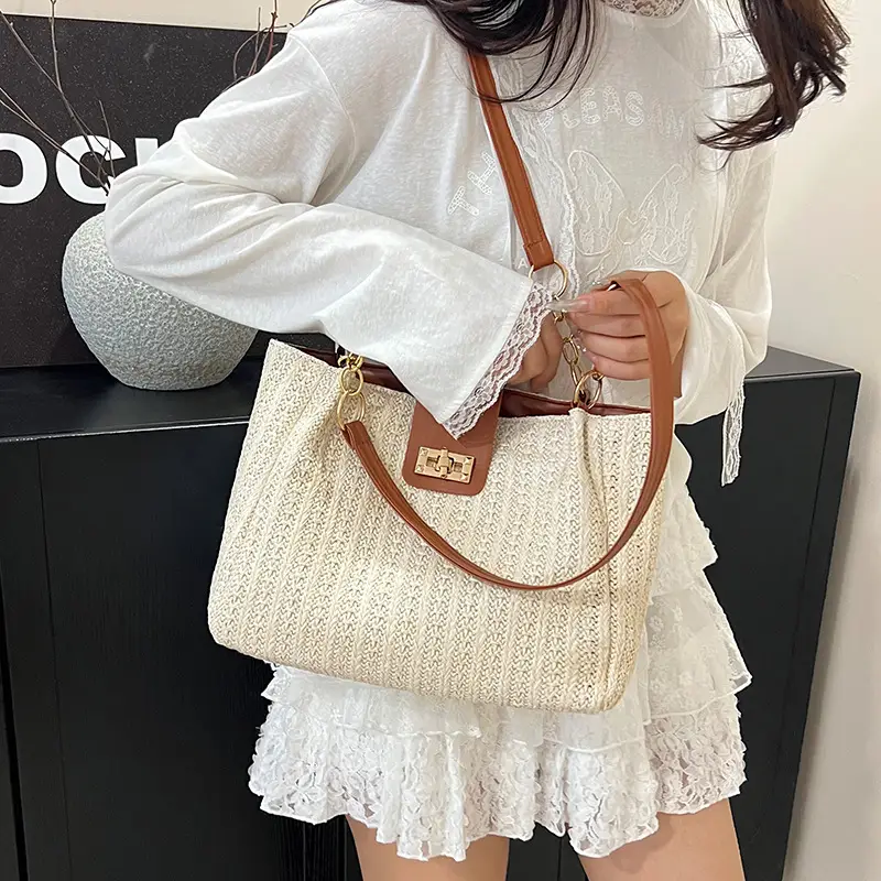 Women Cross-Brown Woven Shoulder Bag Large Capacity Beach Tote - Image 7