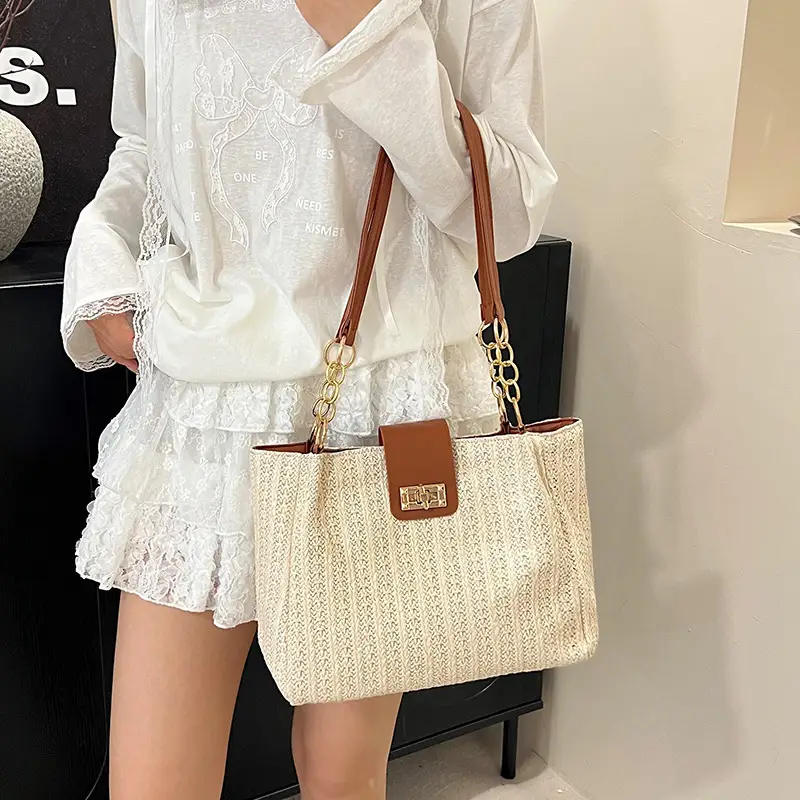 Women Cross-Brown Woven Shoulder Bag Large Capacity Beach Tote - Image 8