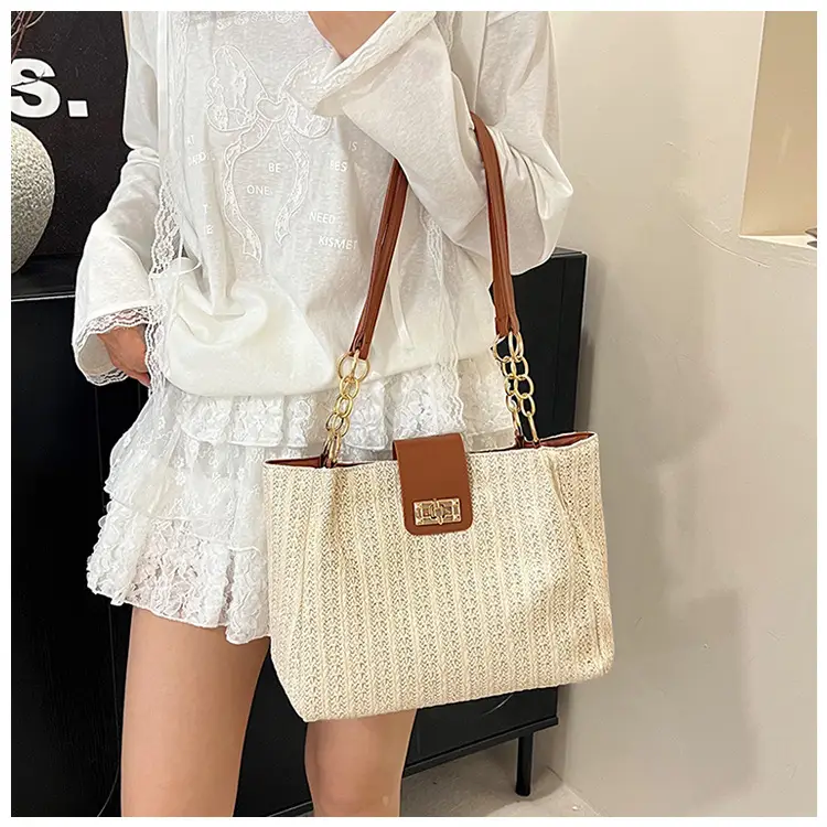 Women Cross-Brown Woven Shoulder Bag Large Capacity Beach Tote — feature 12