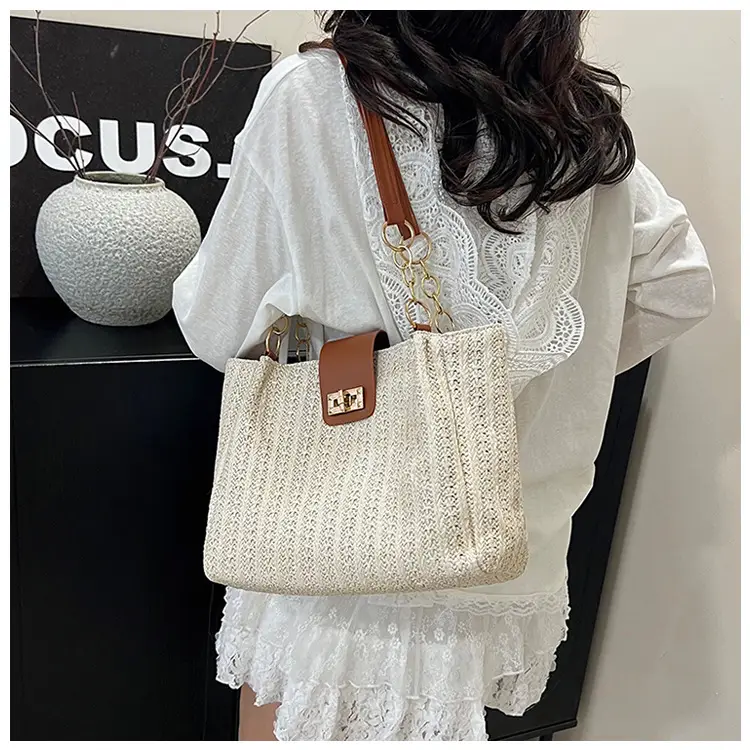 Women Cross-Brown Woven Shoulder Bag Large Capacity Beach Tote — feature 13