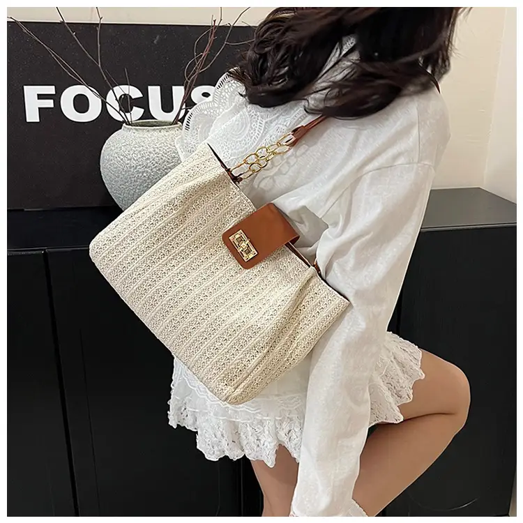 Women Cross-Brown Woven Shoulder Bag Large Capacity Beach Tote — feature 14