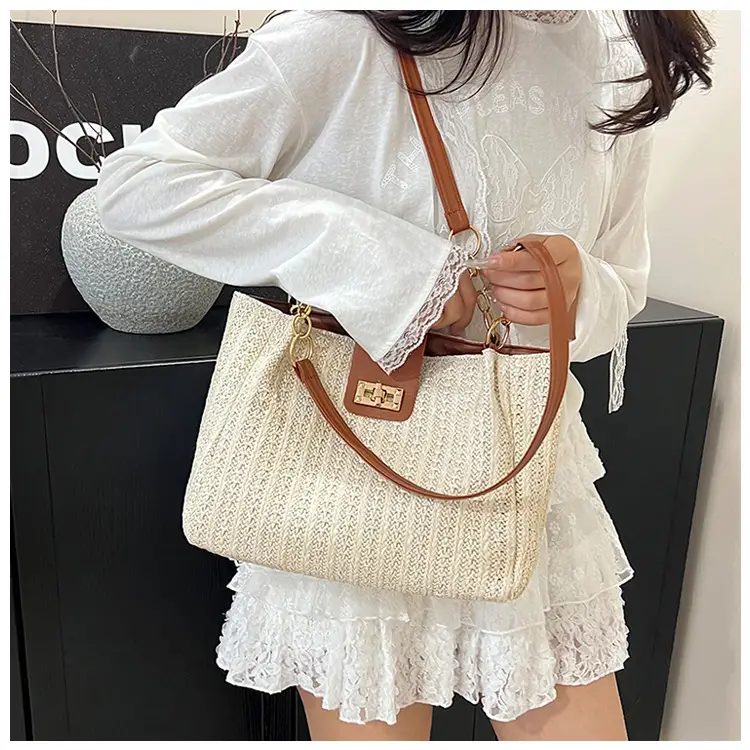 Women Cross-Brown Woven Shoulder Bag Large Capacity Beach Tote — feature 15