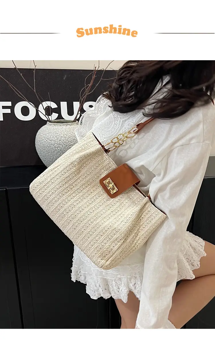 Women Cross-Brown Woven Shoulder Bag Large Capacity Beach Tote — feature 2