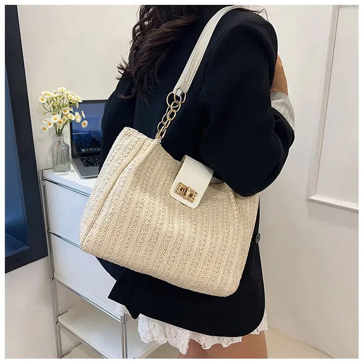 Women Cross-Brown Woven Shoulder Bag Large Capacity Beach Tote — feature 22