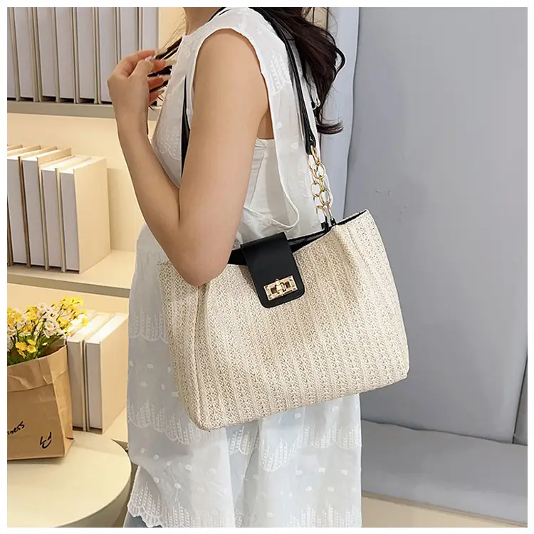Women Cross-Brown Woven Shoulder Bag Large Capacity Beach Tote — feature 24