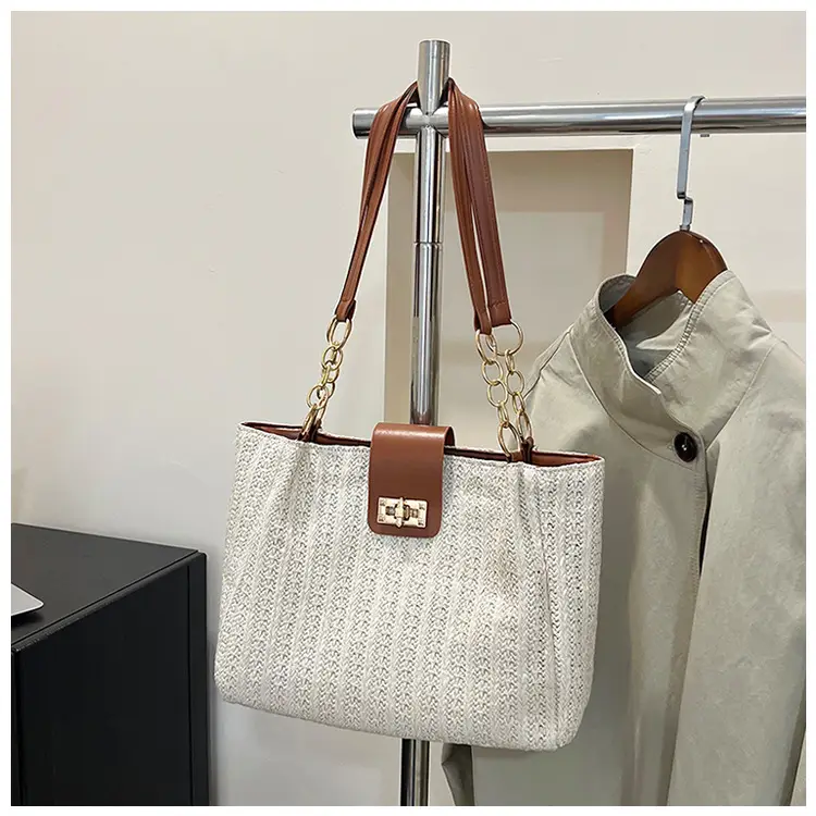 Women Cross-Brown Woven Shoulder Bag Large Capacity Beach Tote - Image 2