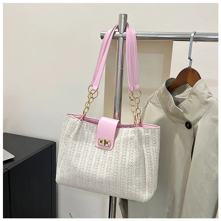 Women Cross-Brown Woven Shoulder Bag Large Capacity Beach Tote - Image 4