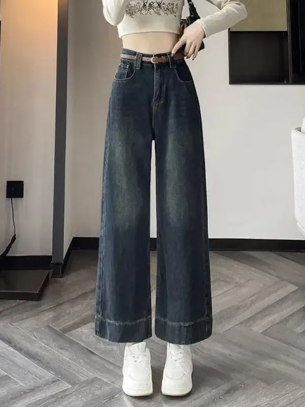 Vintage Petite Women's Jeans Dark Blue Wide Leg Spring Autumn