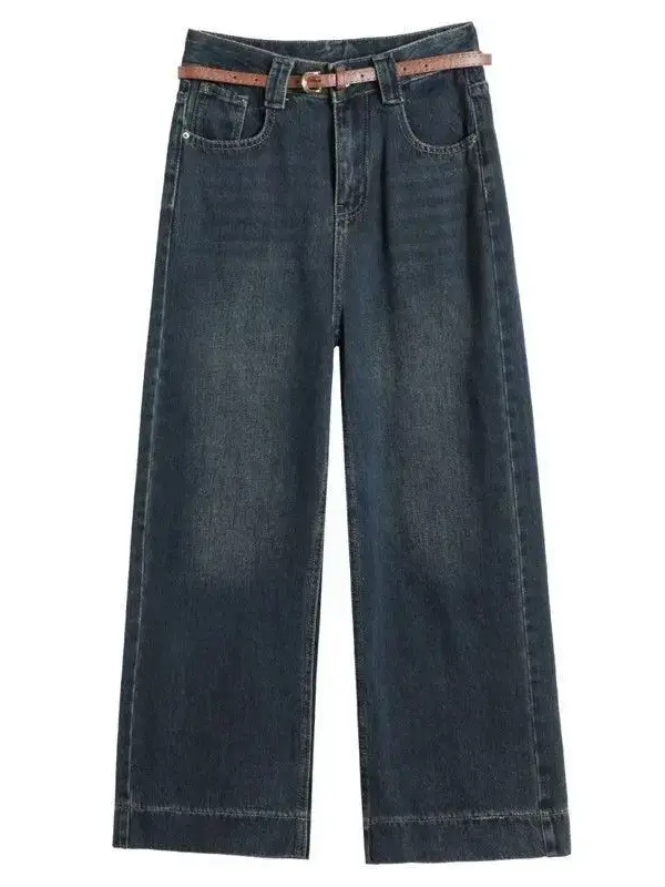 Vintage Petite Women's Jeans Dark Blue Wide Leg Spring Autumn