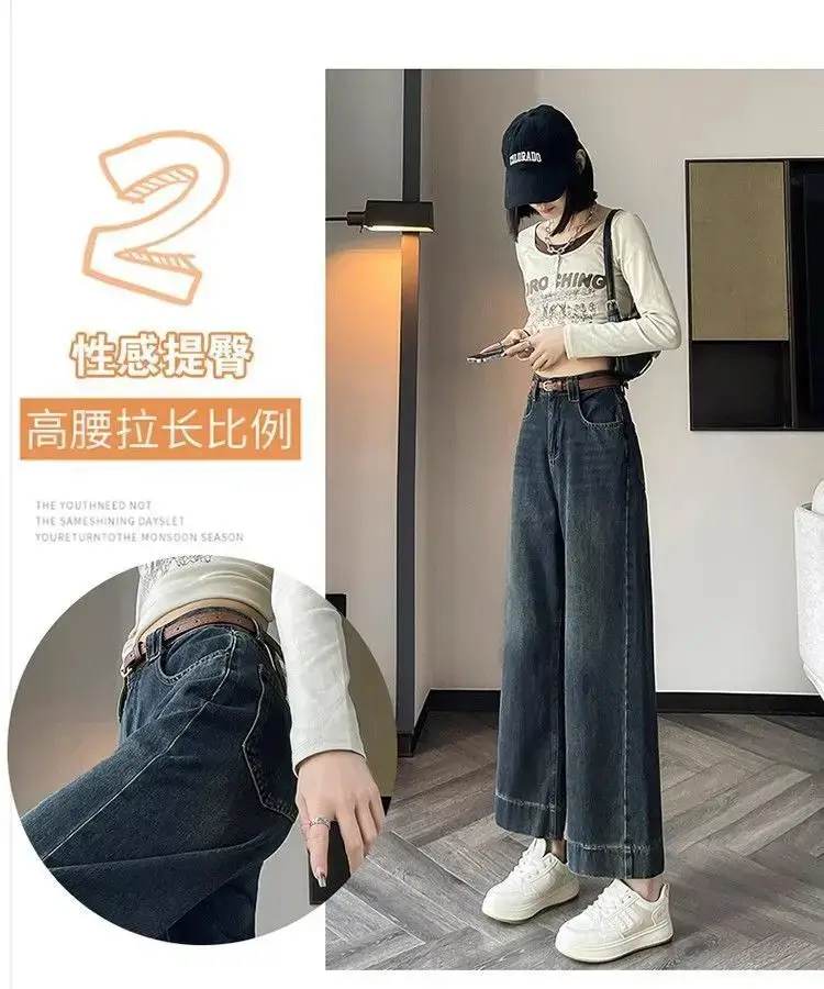 Vintage Petite Women's Jeans Dark Blue Wide Leg Spring Autumn — feature 4