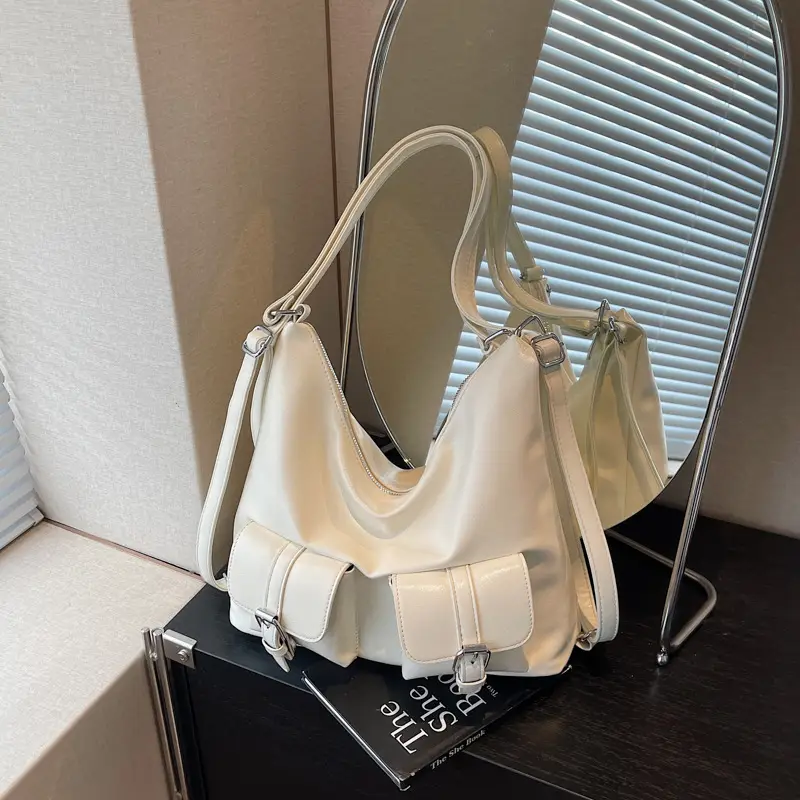 Women's Cream Leather Shoulder Tote Bag with Pearl Accents - Image 9