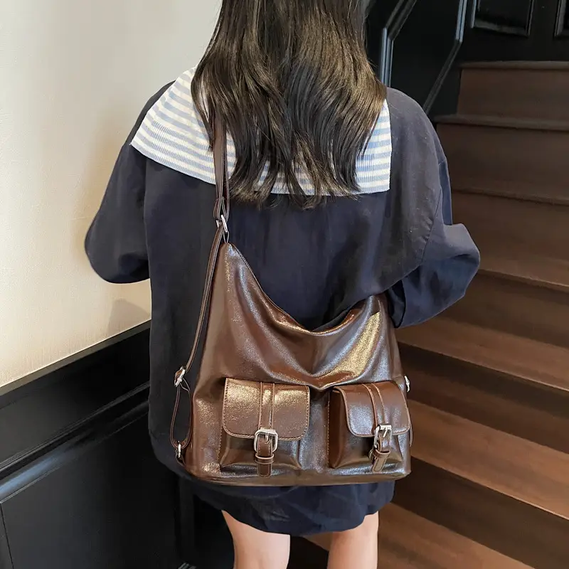 Women's Cream Leather Shoulder Tote Bag with Pearl Accents - Image 10