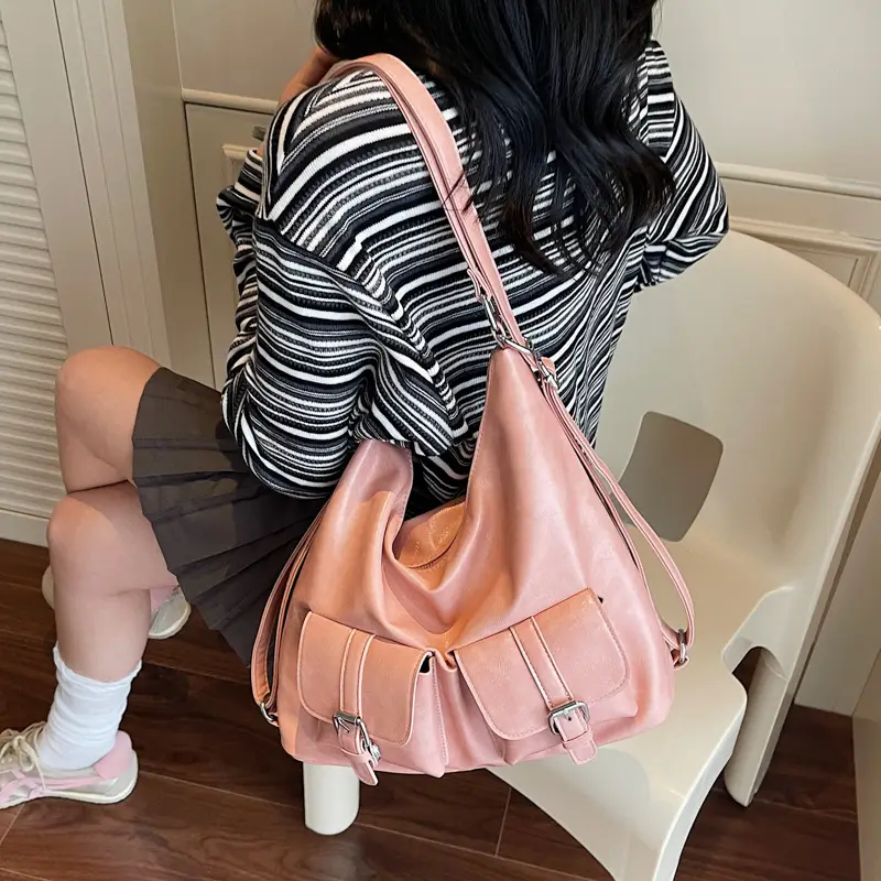 Women's Cream Leather Shoulder Tote Bag with Pearl Accents - Image 11