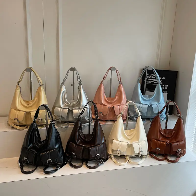 Women's Cream Leather Shoulder Tote Bag with Pearl Accents - Image 12