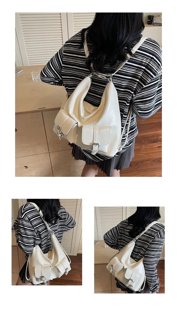 Women's Cream Leather Shoulder Tote Bag with Pearl Accents — feature 19