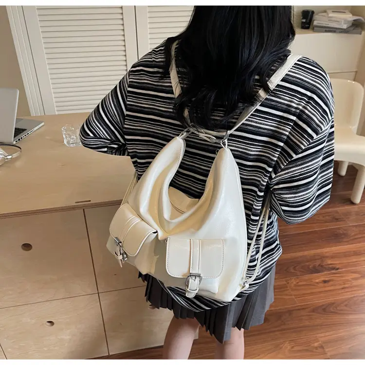 Women's Cream Leather Shoulder Tote Bag with Pearl Accents — feature 25