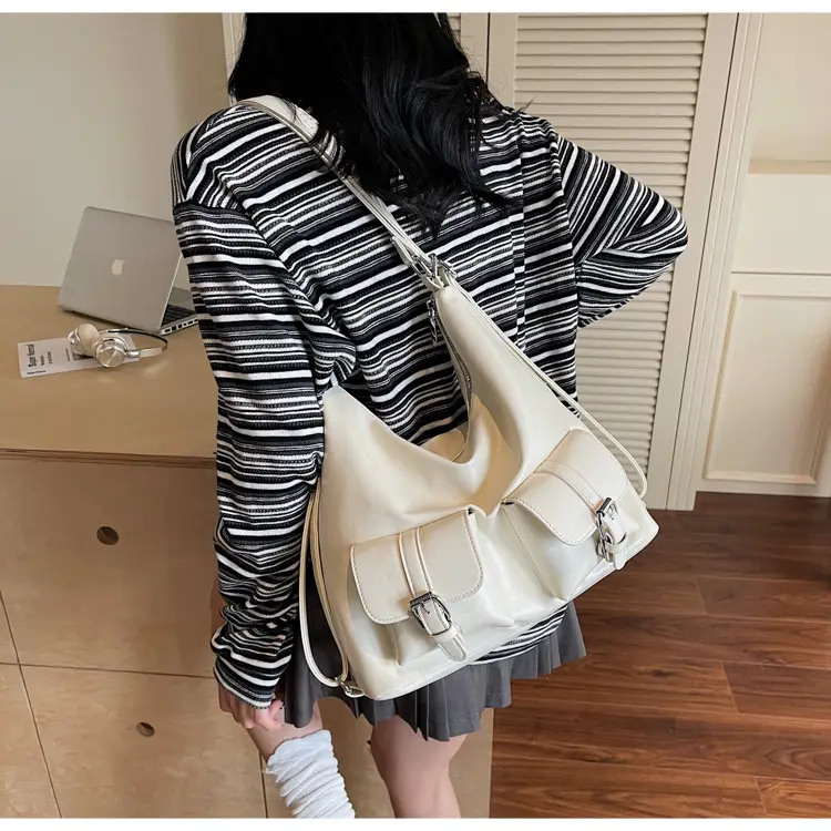 Women's Cream Leather Shoulder Tote Bag with Pearl Accents — feature 26