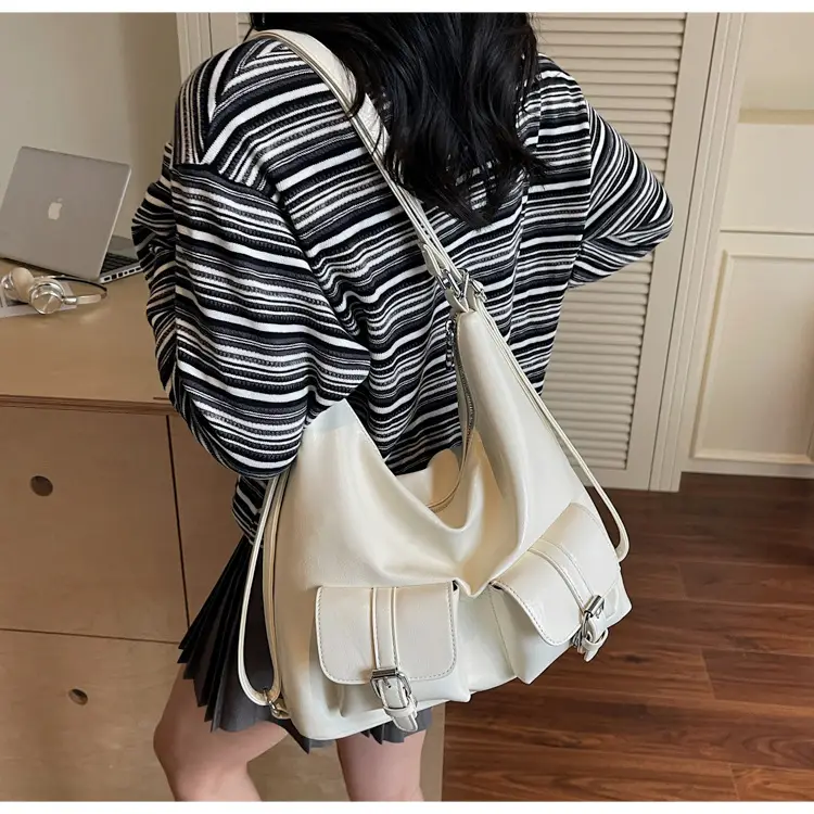 Women's Cream Leather Shoulder Tote Bag with Pearl Accents — feature 27