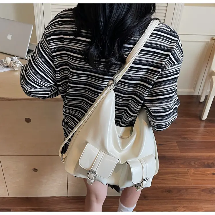 Women's Cream Leather Shoulder Tote Bag with Pearl Accents — feature 28