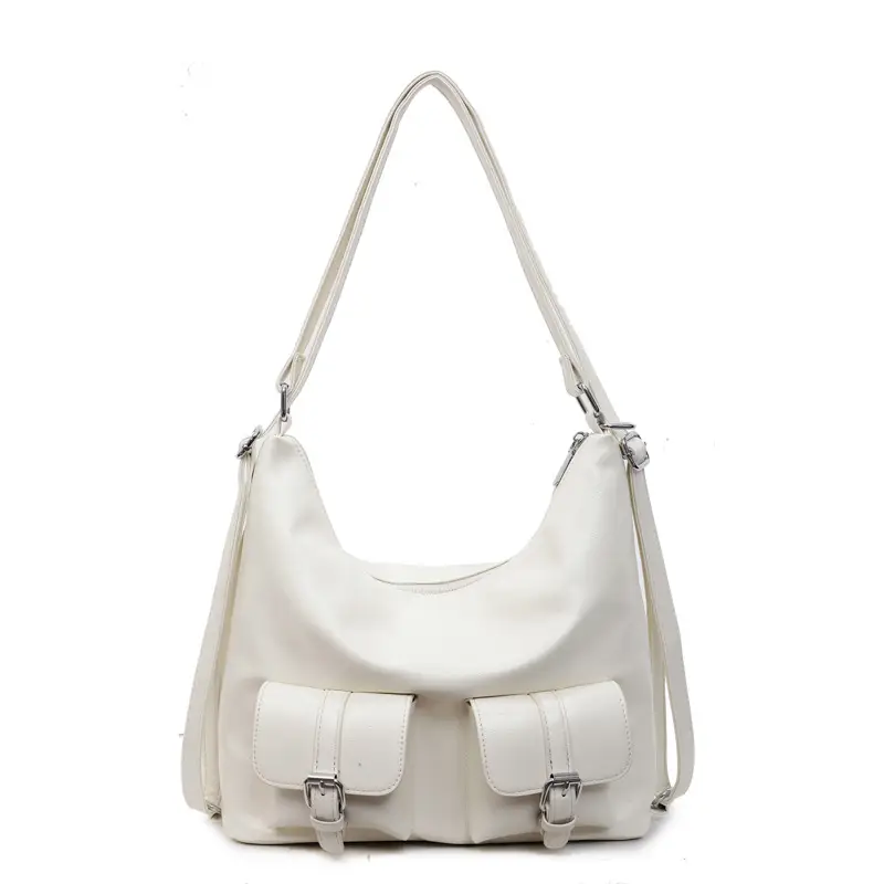 Women's Cream Leather Shoulder Tote Bag with Pearl Accents - Image 2
