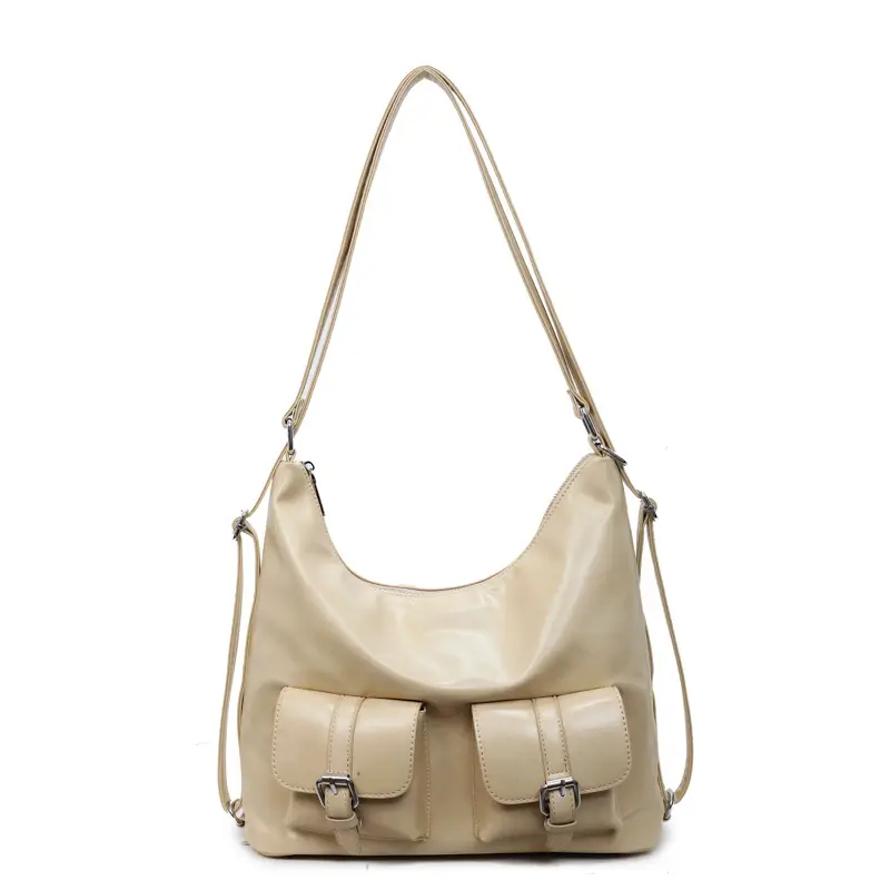 Women's Cream Leather Shoulder Tote Bag with Pearl Accents - Image 3
