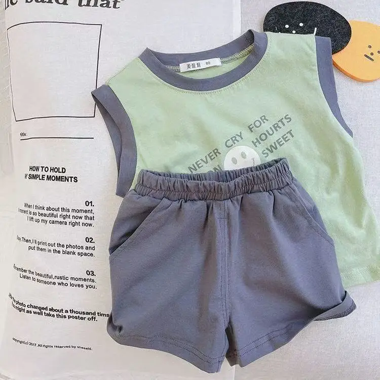 2025 Kids Sleeveless T-Shirt Vest Shorts Suit Blue Yellow - Image 7