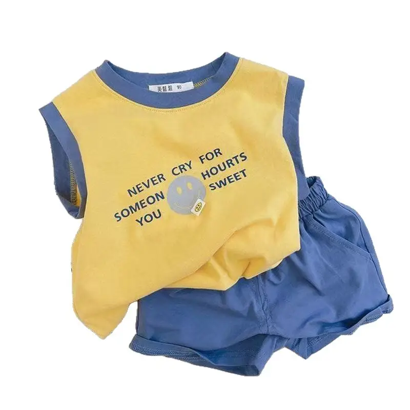 2025 Kids Sleeveless T-Shirt Vest Shorts Suit Blue Yellow - Image 8