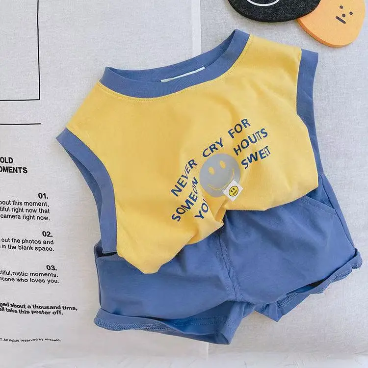2025 Kids Sleeveless T-Shirt Vest Shorts Suit Blue Yellow — feature 2