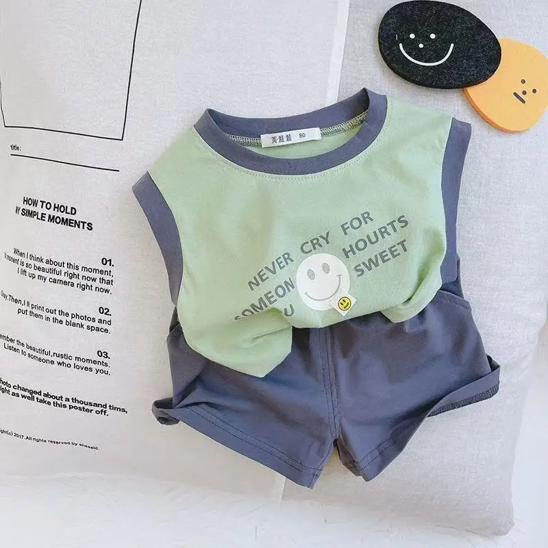 2025 Kids Sleeveless T-Shirt Vest Shorts Suit Blue Yellow - Image 2