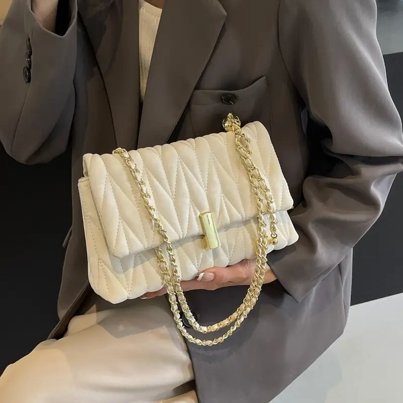 Women Pleated Chain Shoulder Bag Cream Summer 2024 - Image 4