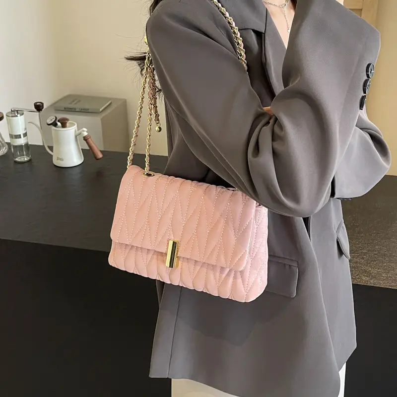 Women Pleated Chain Shoulder Bag Cream Summer 2024 - Image 6