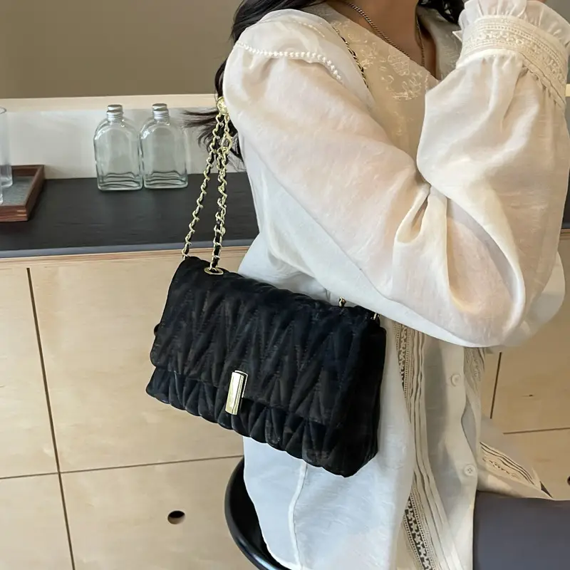 Women Pleated Chain Shoulder Bag Cream Summer 2024 - Image 7