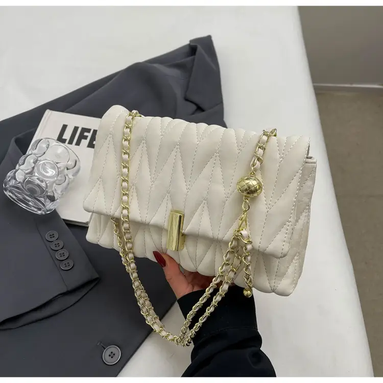 Women Pleated Chain Shoulder Bag Cream Summer 2024 — feature 15