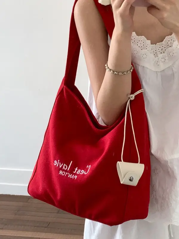 Red Canvas Shoulder Bag for Women Large Capacity 2026