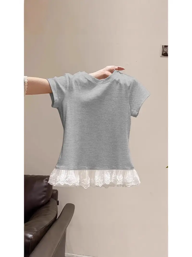 Lace Splicing White Round Neck Short-Sleeved T-Shirt for Women 2025 Summer New Slimming Look Niche Top Trendy